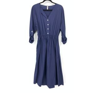 New Collection Shirt Dress Womens One Size Roll Tab Sleeve Elastic Waist Navy